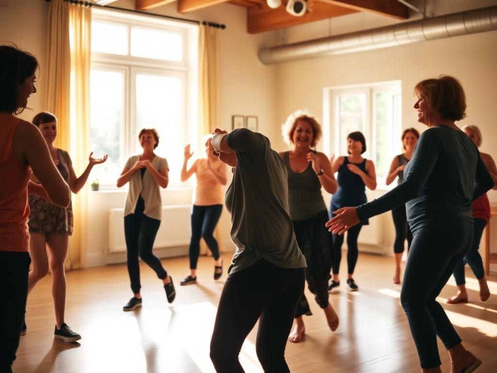 Grupo de personas danzando en un estudio luminoso