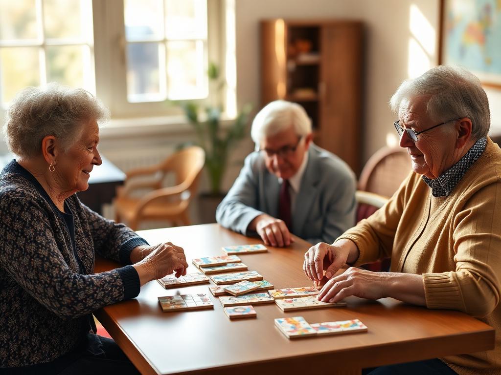 Adultos mayores resolviendo juegos de memoria en una mesa