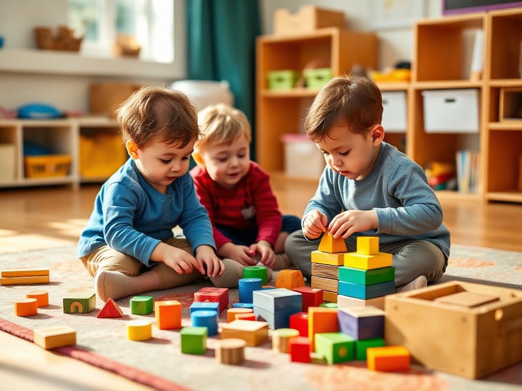 Niños jugando con bloques y materiales educativos de colores