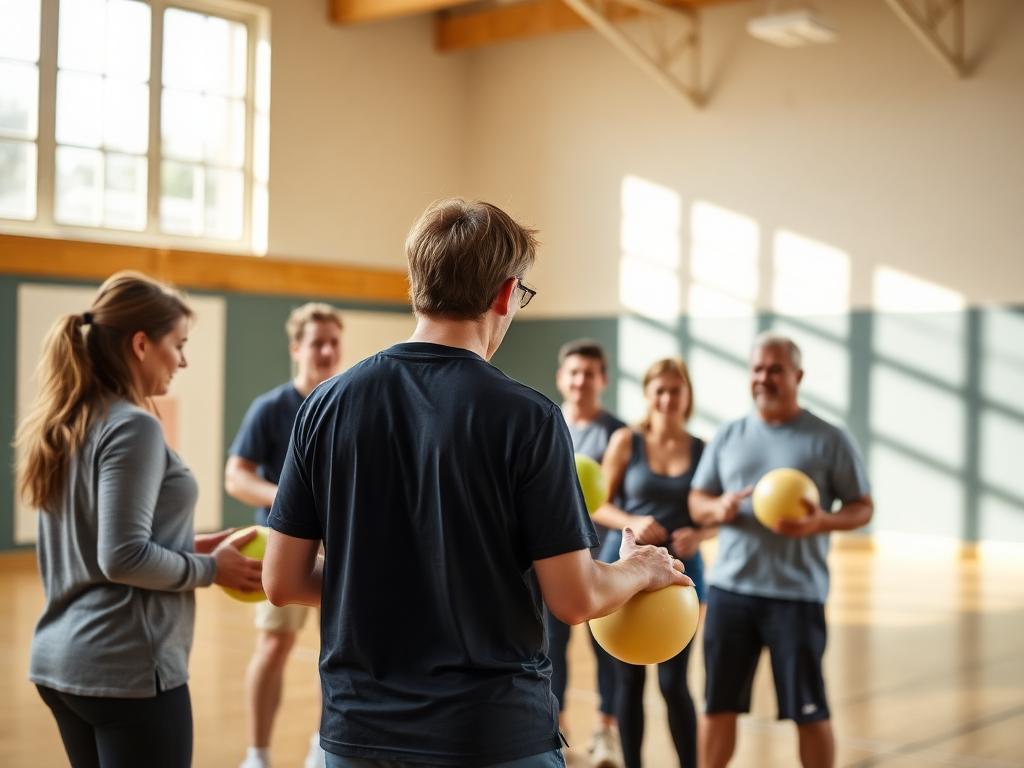 Facilitador dirigiendo juegos cooperativos con adultos en un gimnasio